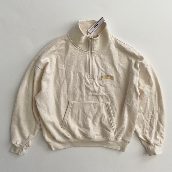PINK Victoria's Secret Sweatshirt Sweater Ivory w/ Gold Shimmer Varsity 1/4 Zip - Picture 2 of 4